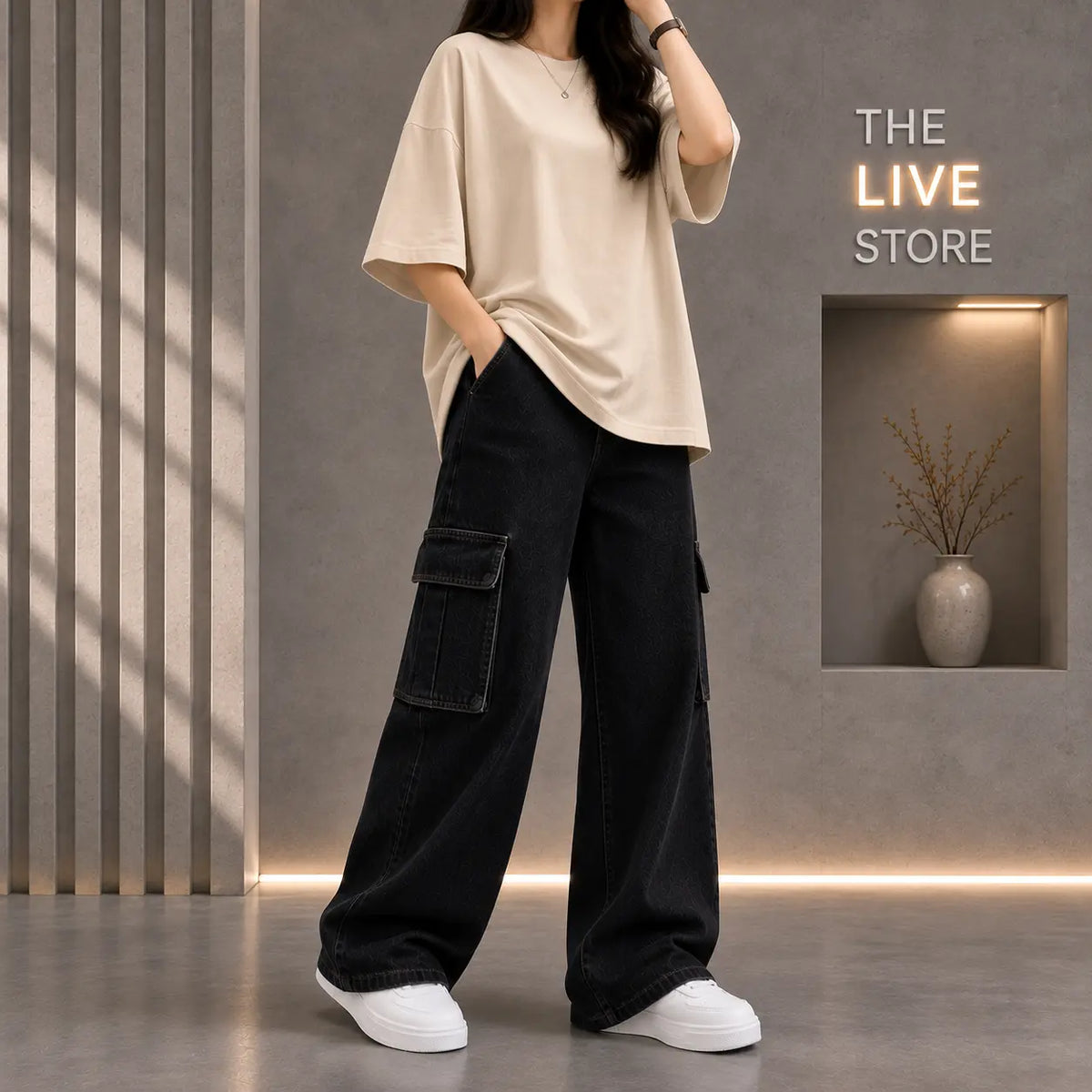 DUO PACK (BEIGE DROP SHOULDER TEE & BLACK CARGO DENIM JEANS) The Live Store