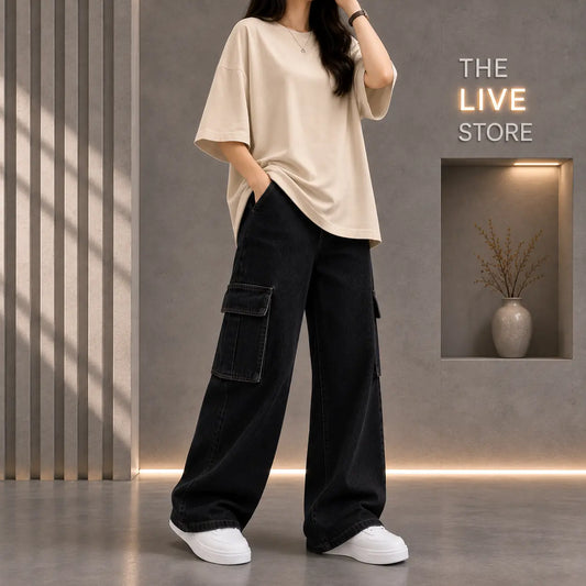 DUO PACK (BEIGE DROP SHOULDER TEE & BLACK CARGO DENIM JEANS) The Live Store