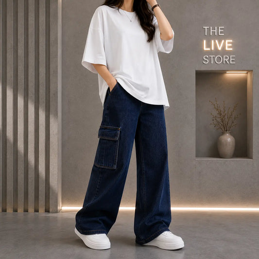 DUO PACK (WHITE DROP SHOULDER TEE & DARK BLUE CARGO DENIM JEANS) The Live Store