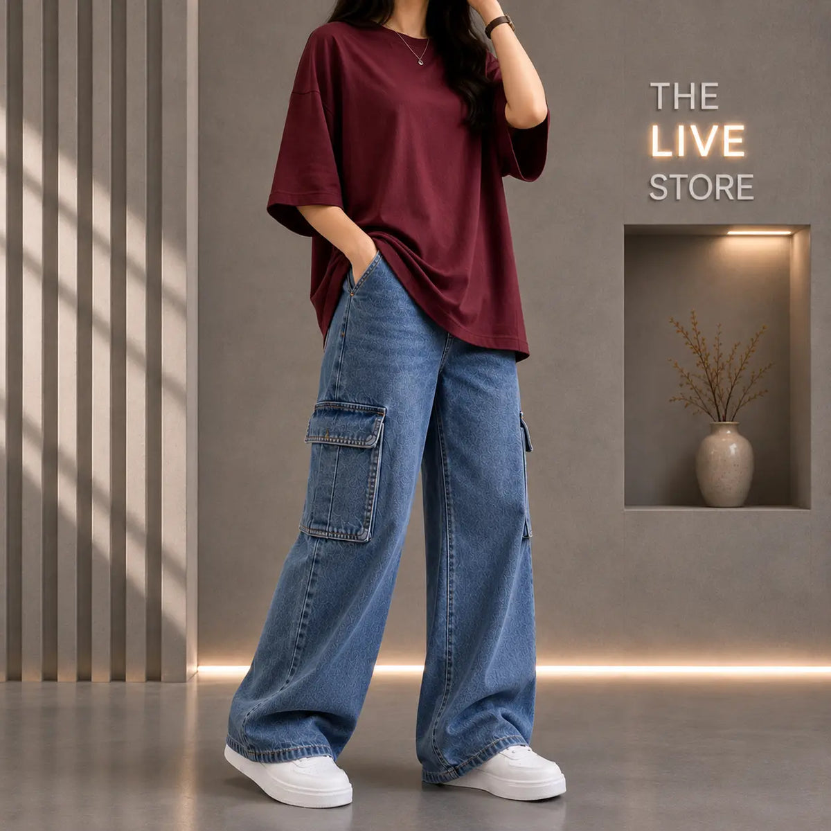 DUO PACK (MAROON DROP SHOULDER TEE & MID BLUE CARGO DENIM JEANS) The Live Store