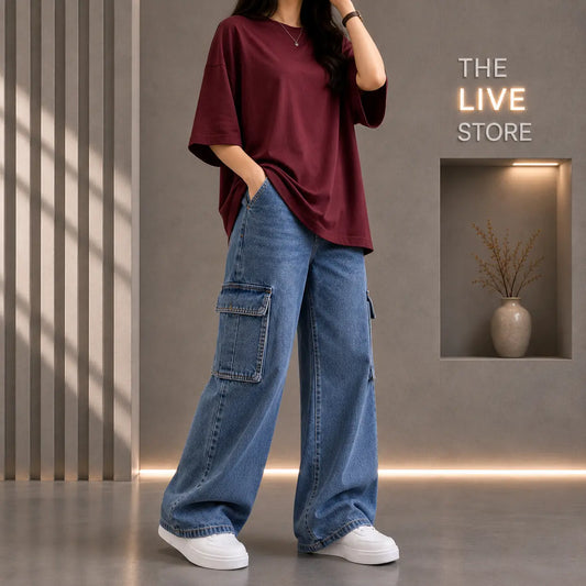 DUO PACK (MAROON DROP SHOULDER TEE & MID BLUE CARGO DENIM JEANS) The Live Store
