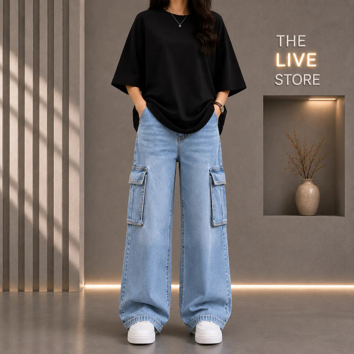 DUO PACK (BLACK DROP SHOULDER TEE & SKY BLUE CARGO DENIM JEANS) The Live Store
