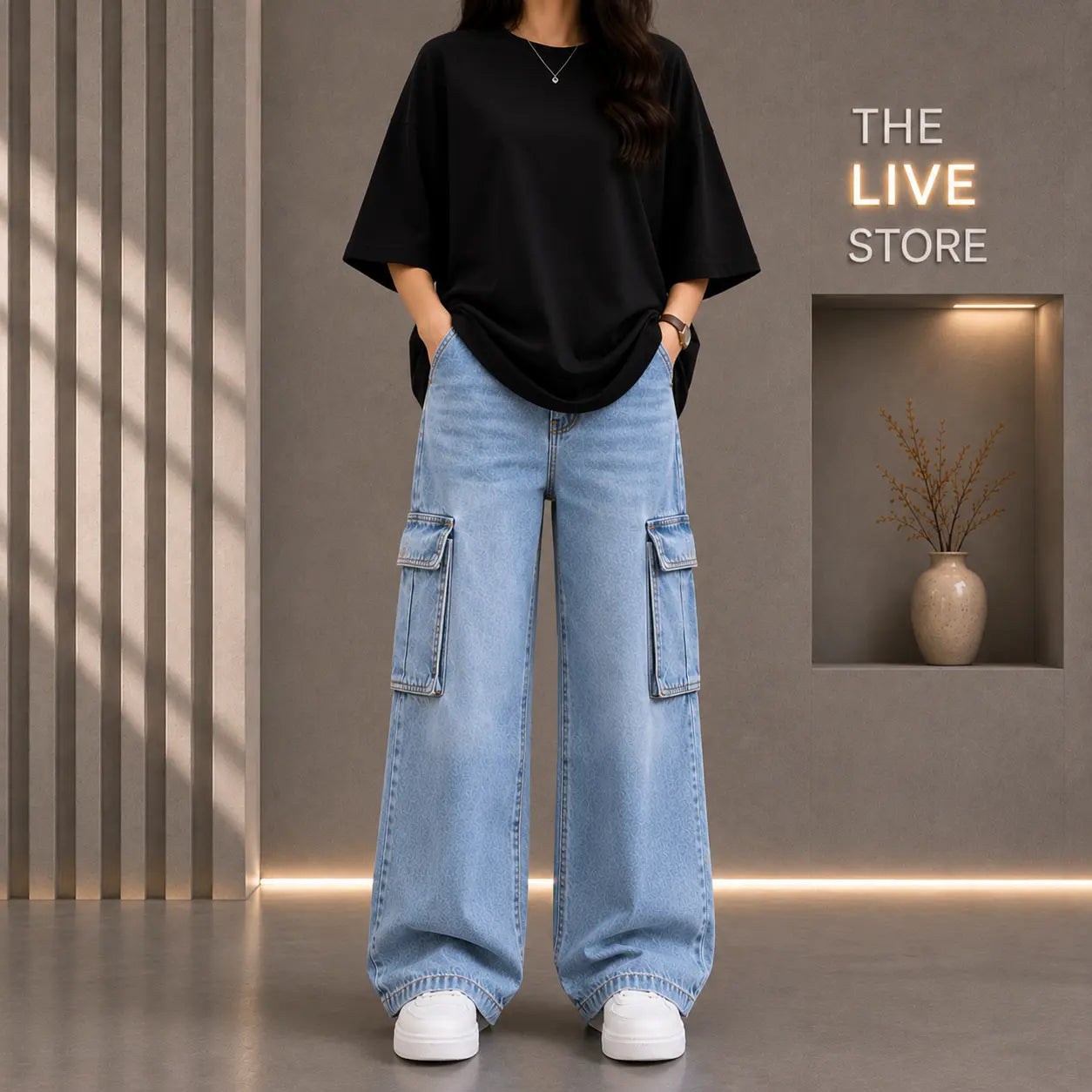 DUO PACK (BLACK DROP SHOULDER TEE & SKY BLUE CARGO DENIM JEANS) The Live Store