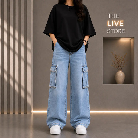 DUO PACK (BLACK DROP SHOULDER TEE & SKY BLUE CARGO DENIM JEANS) The Live Store