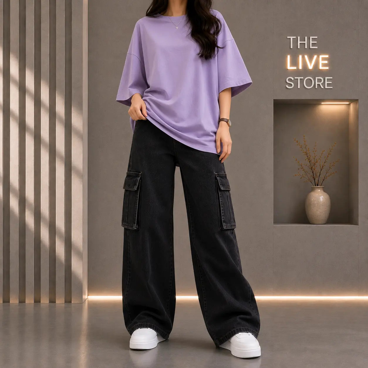 DUO PACK (LILAC DROP SHOULDER TEE & BLACK CARGO DENIM JEANS) The Live Store