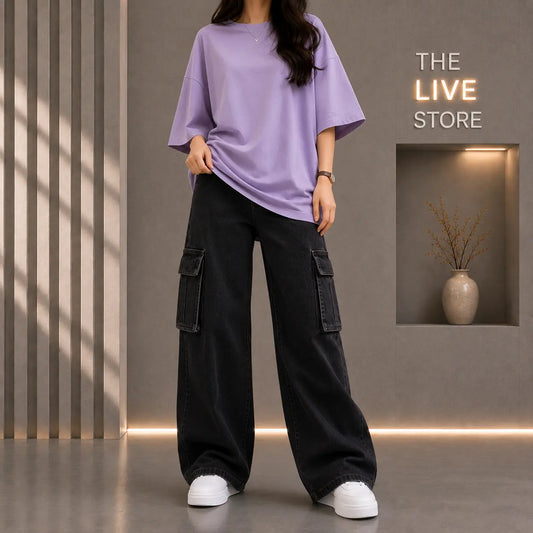 DUO PACK (LILAC DROP SHOULDER TEE & BLACK CARGO DENIM JEANS) The Live Store