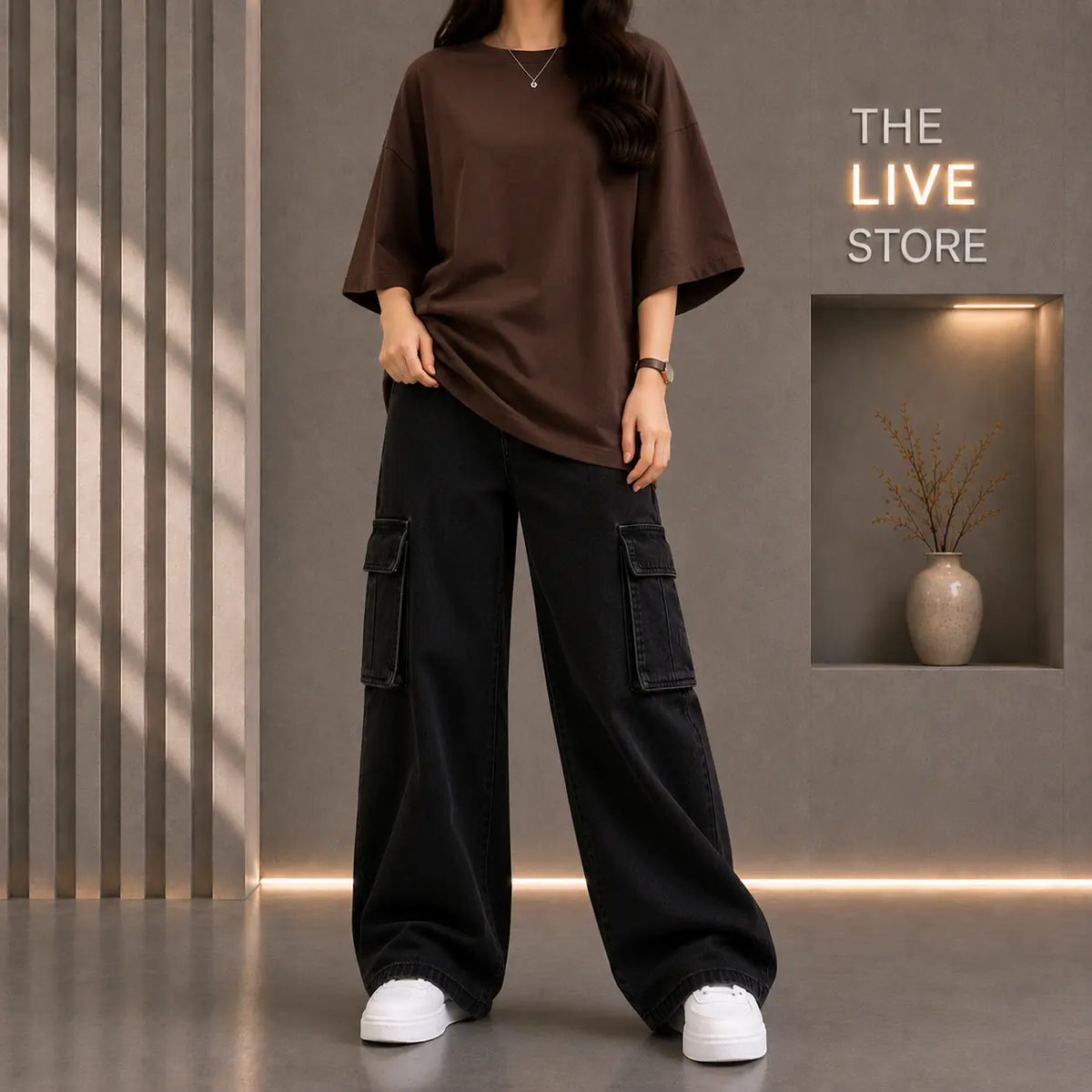 DUO PACK (BROWN DROP SHOULDER TEE & BLACK CARGO DENIM JEANS) The Live Store