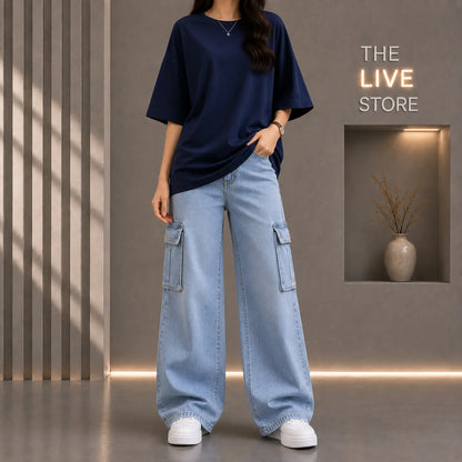 DUO PACK (NAVY BLUE DROP SHOULDER TEE & SKY BLUE CARGO DENIM JEANS) The Live Store