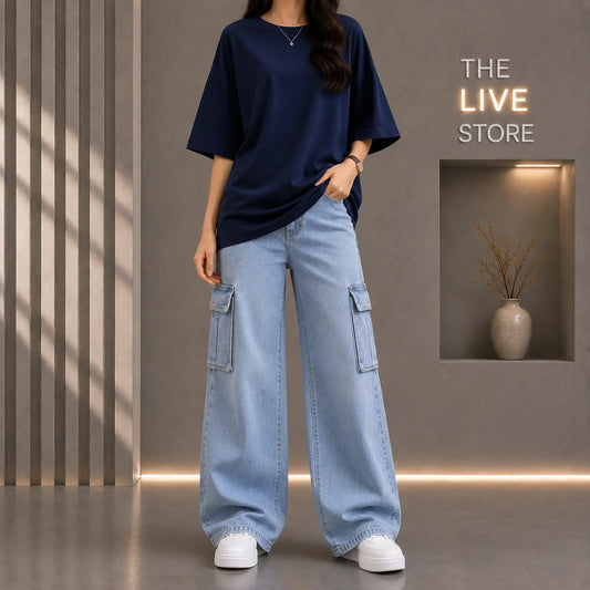 DUO PACK (NAVY BLUE DROP SHOULDER TEE & SKY BLUE CARGO DENIM JEANS) The Live Store
