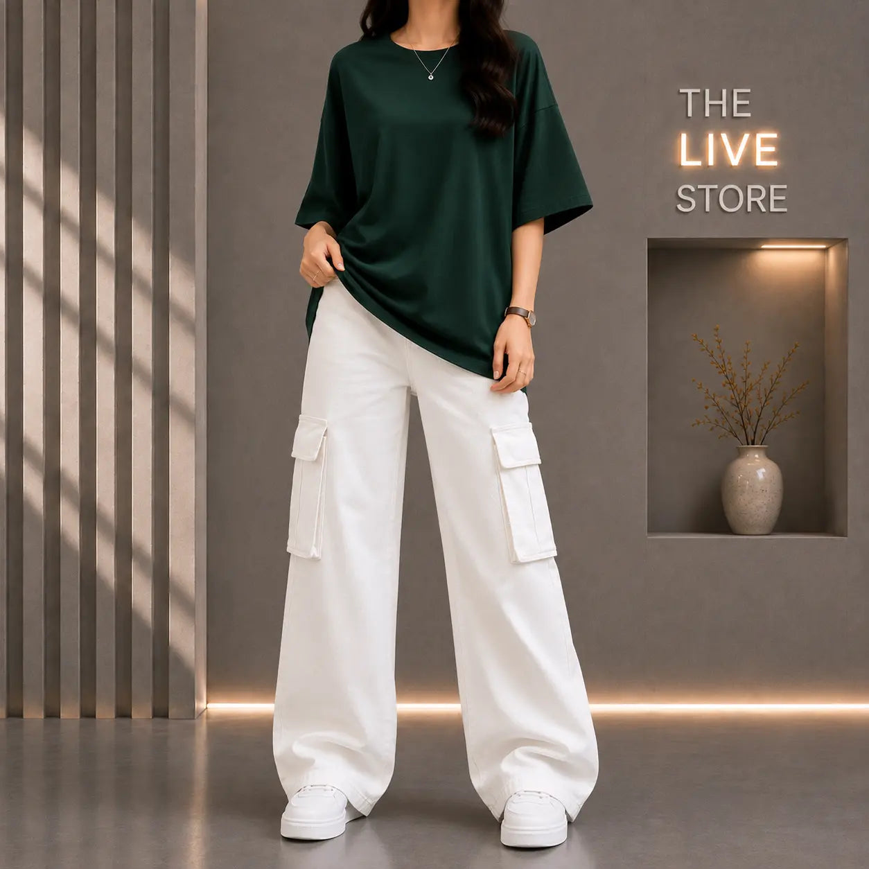 DUO PACK (BOTTLE GREEN DROP SHOULDER TEE & WHITE CARGO DENIM JEANS) The Live Store
