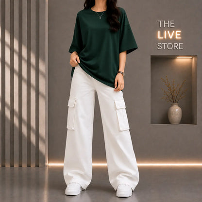 DUO PACK (BOTTLE GREEN DROP SHOULDER TEE & WHITE CARGO DENIM JEANS) The Live Store