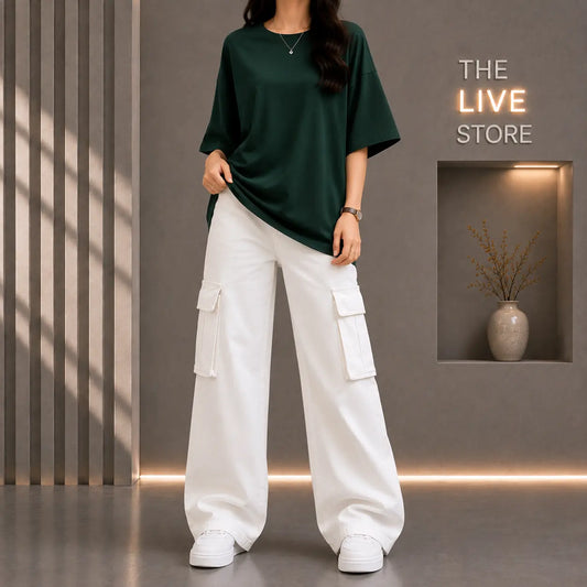 DUO PACK (BOTTLE GREEN DROP SHOULDER TEE & WHITE CARGO DENIM JEANS) The Live Store
