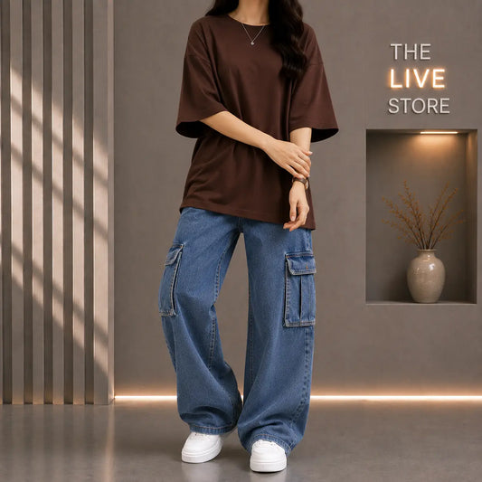 DUO PACK (BROWN DROP SHOULDER TEE & MID BLUE CARGO DENIM JEANS) The Live Store