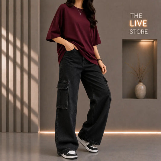DUO PACK (MAROON DROP SHOULDER TEE & BLACK CARGO DENIM JEANS) The Live Store
