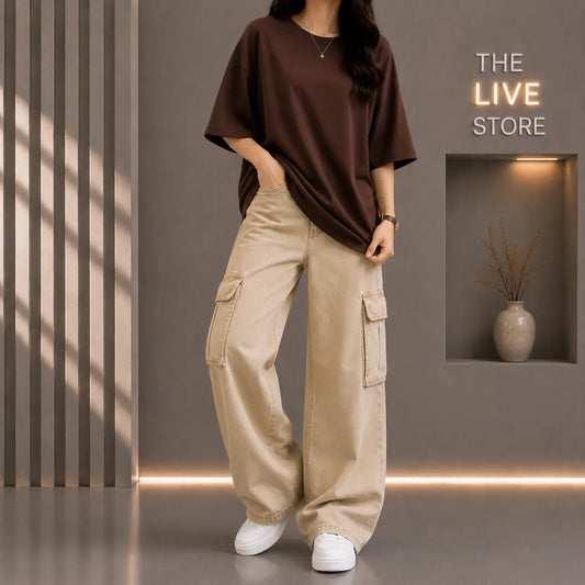 DUO PACK (BROWN DROP SHOULDER TEE & BEIGE CARGO DENIM JEANS) The Live Store