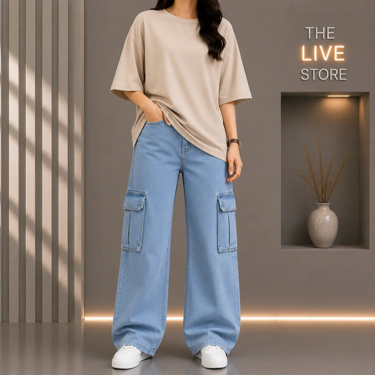 DUO PACK (BEIGE DROP SHOULDER TEE & SKY BLUE CARGO DENIM JEANS) The Live Store