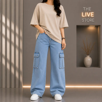 DUO PACK (BEIGE DROP SHOULDER TEE & SKY BLUE CARGO DENIM JEANS) The Live Store