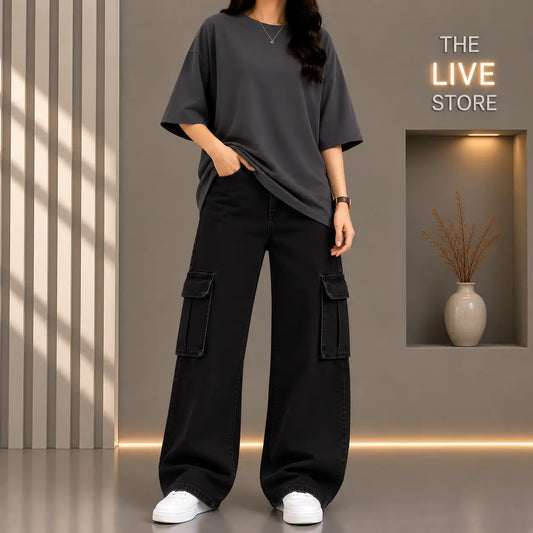 DUO PACK (CHARCOAL GREY DROP SHOULDER TEE & BLACK CARGO DENIM JEANS) The Live Store