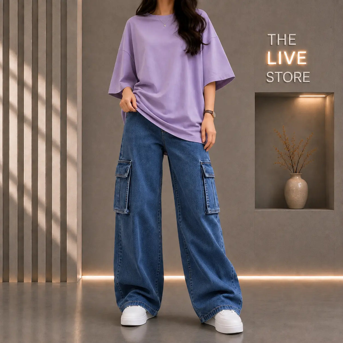 DUO PACK (LILAC DROP SHOULDER TEE & DARK BLUE CARGO DENIM JEANS) The Live Store