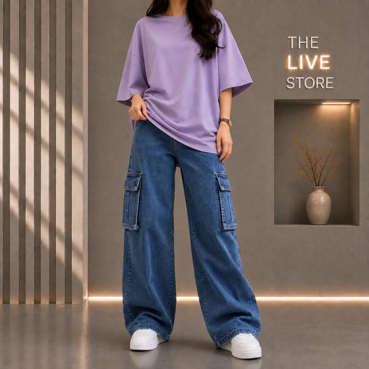 DUO PACK (LILAC DROP SHOULDER TEE & DARK BLUE CARGO DENIM JEANS) The Live Store