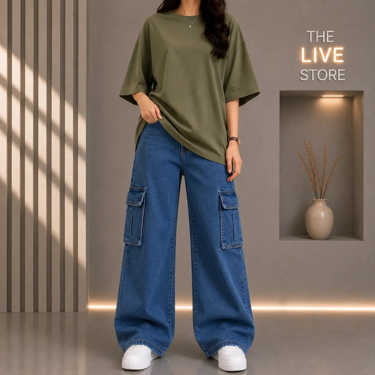 DUO PACK (OLIVE GREEN DROP SHOULDER TEE & DARK BLUE CARGO DENIM JEANS) The Live Store
