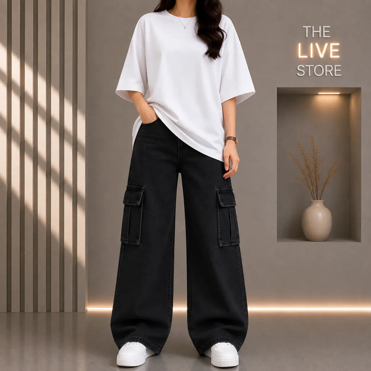 DUO PACK (WHITE DROP SHOULDER TEE & BLACK CARGO DENIM JEANS) The Live Store