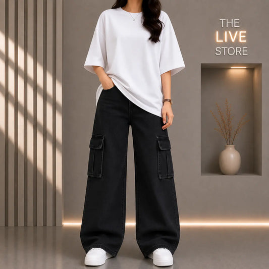 DUO PACK (WHITE DROP SHOULDER TEE & BLACK CARGO DENIM JEANS) The Live Store