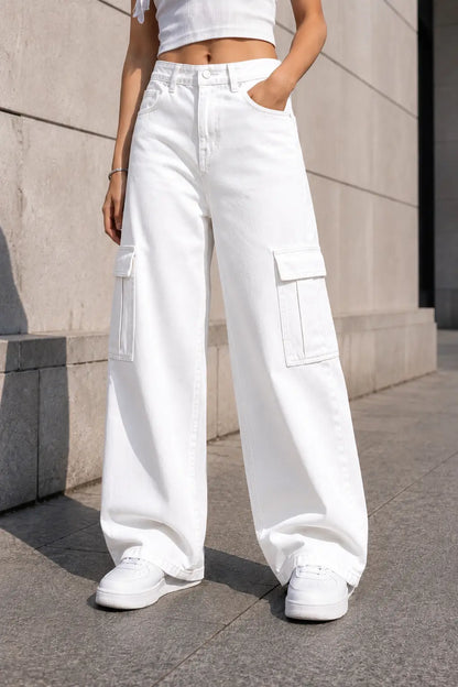 WHITE WIDE LEG CARGO JEANS