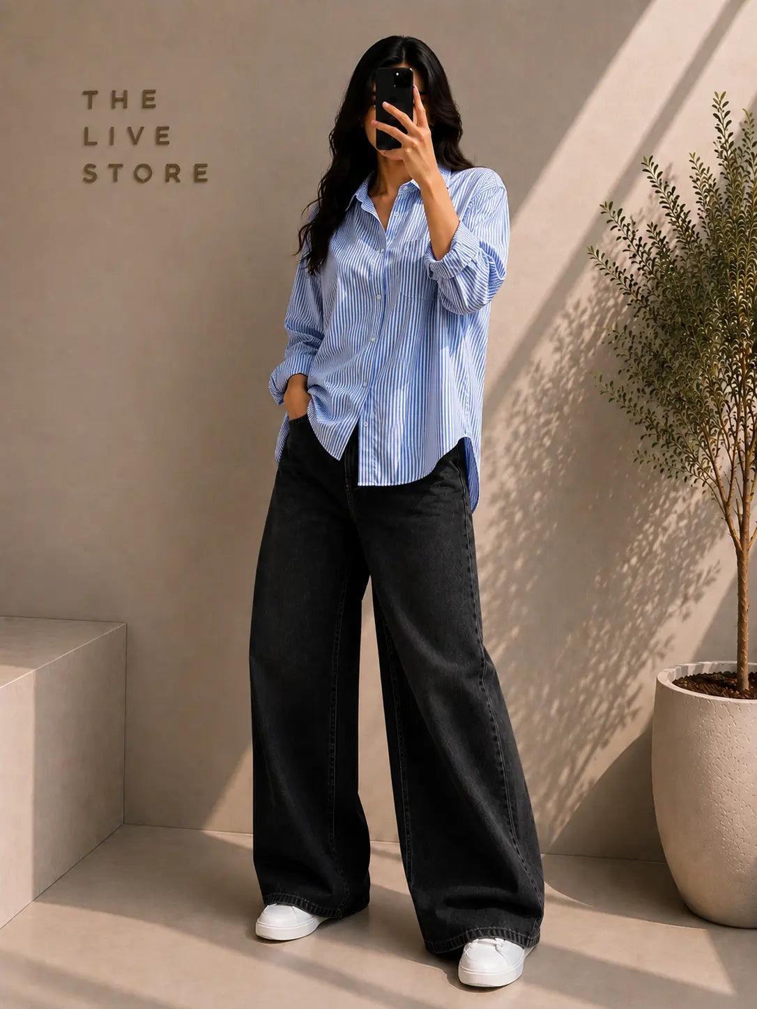 DUO PACK (BLUE STRIPED BUTTON DOWN SHIRT & BLACK WIDE LEG JEANS) The Live Store