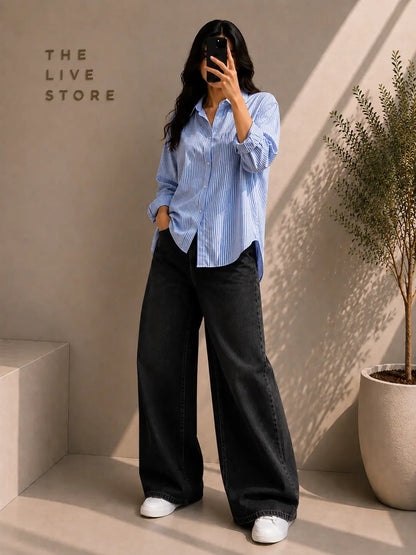 DUO PACK (BLUE STRIPED BUTTON DOWN SHIRT & BLACK WIDE LEG JEANS) The Live Store