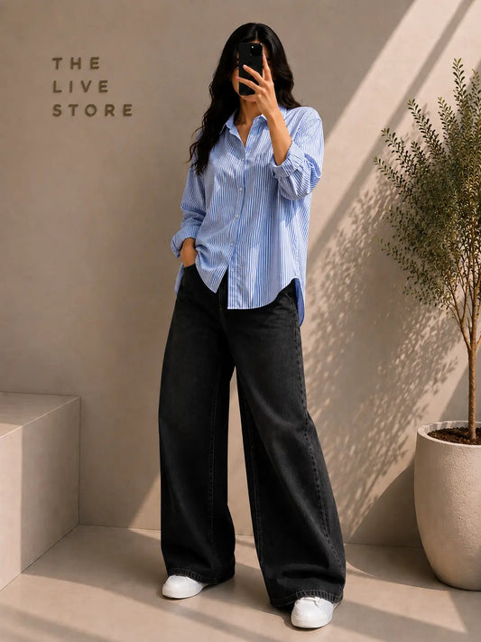 DUO PACK (BLUE STRIPED BUTTON DOWN SHIRT & BLACK WIDE LEG JEANS) The Live Store