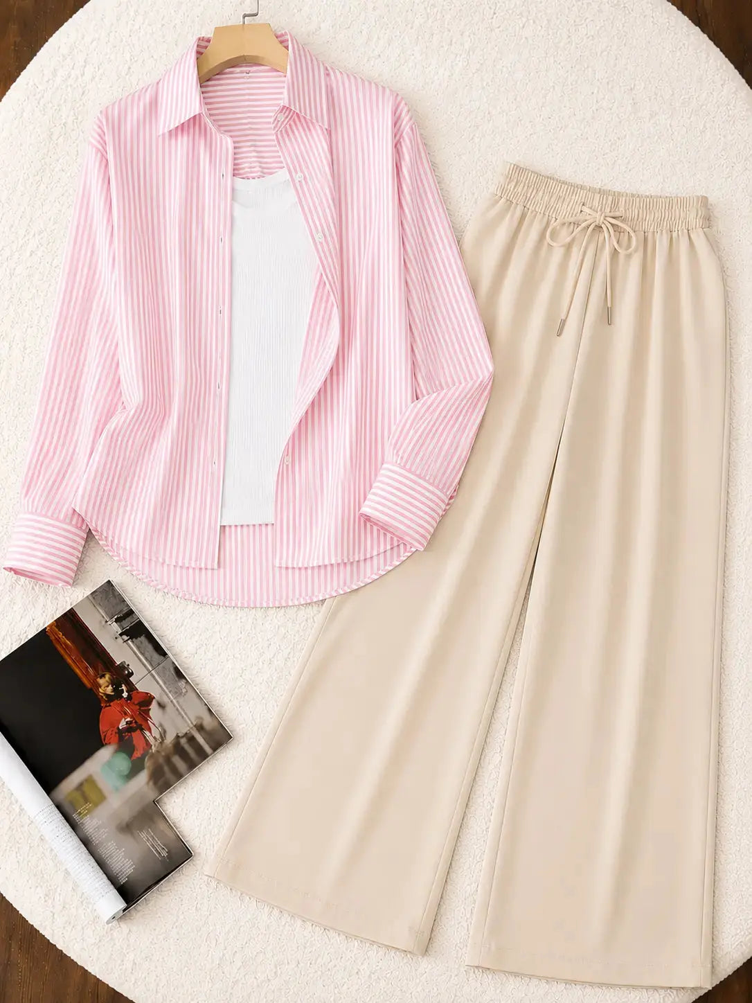 TRIO PACK ( WHITE AND PINK STRIPES BUTTON DOWN SHIRT WITH WHITE INNER AND BEIGE FLAPPER TROUSER) The Live Store