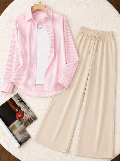 TRIO PACK ( WHITE AND PINK STRIPES BUTTON DOWN SHIRT WITH WHITE INNER AND BEIGE FLAPPER TROUSER) The Live Store