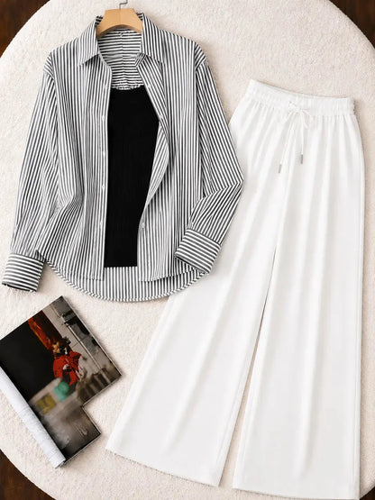 TRIO PACK ( WHITE AND BLACK STRIPES BUTTON DOWN SHIRT WITH BLACK INNER AND WHITE FLAPPER TROUSER) The Live Store