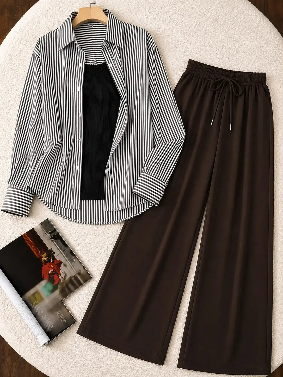 TRIO PACK ( WHITE AND BLACK STRIPES BUTTON DOWN SHIRT WITH BLACK INNER AND DARK BROWN FLAPPER TROUSER ) The Live Store