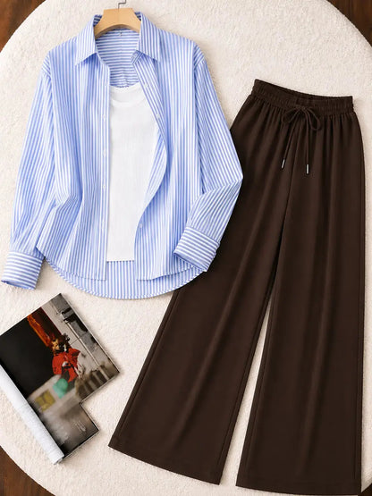 TRIO PACK ( WHITE AND BLUE STRIPES BUTTON DOWN SHIRT WITH WHITE INNER AND DARK BROWN FLAPPER TROUSER ) The Live Store