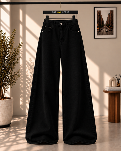 JET BLACK WIDE LEG BAGGY JEANS