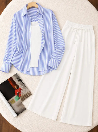 TRIO PACK ( WHITE AND BLUE STRIPES BUTTON DOWN SHIRT WITH WHITE INNER AND WHITE FLAPPER TROUSER) The Live Store