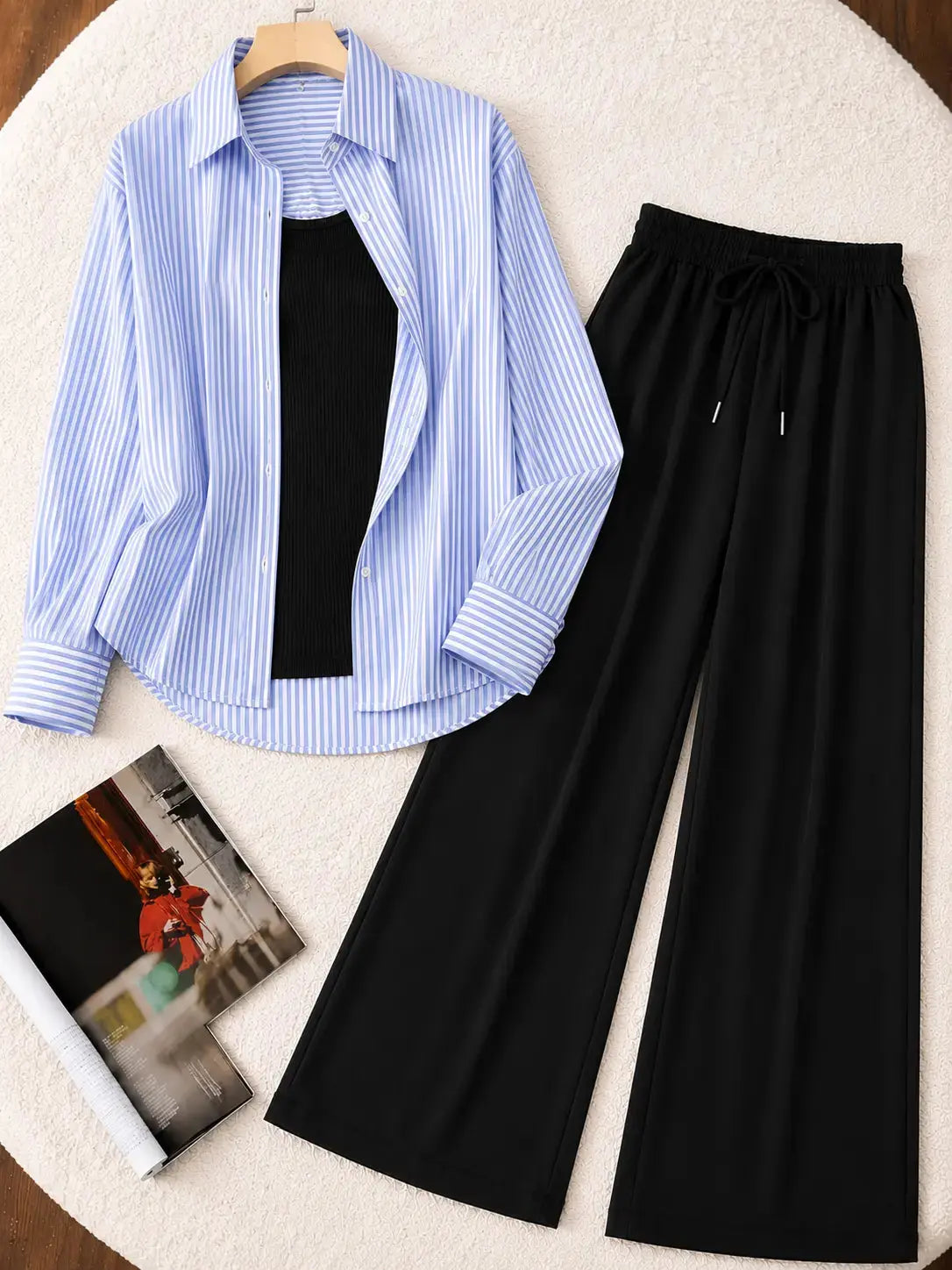 TRIO PACK ( WHITE AND BLUE STRIPES BUTTON DOWN SHIRT WITH BLACK INNER AND BLACK FLAPPER TROUSER) The Live Store