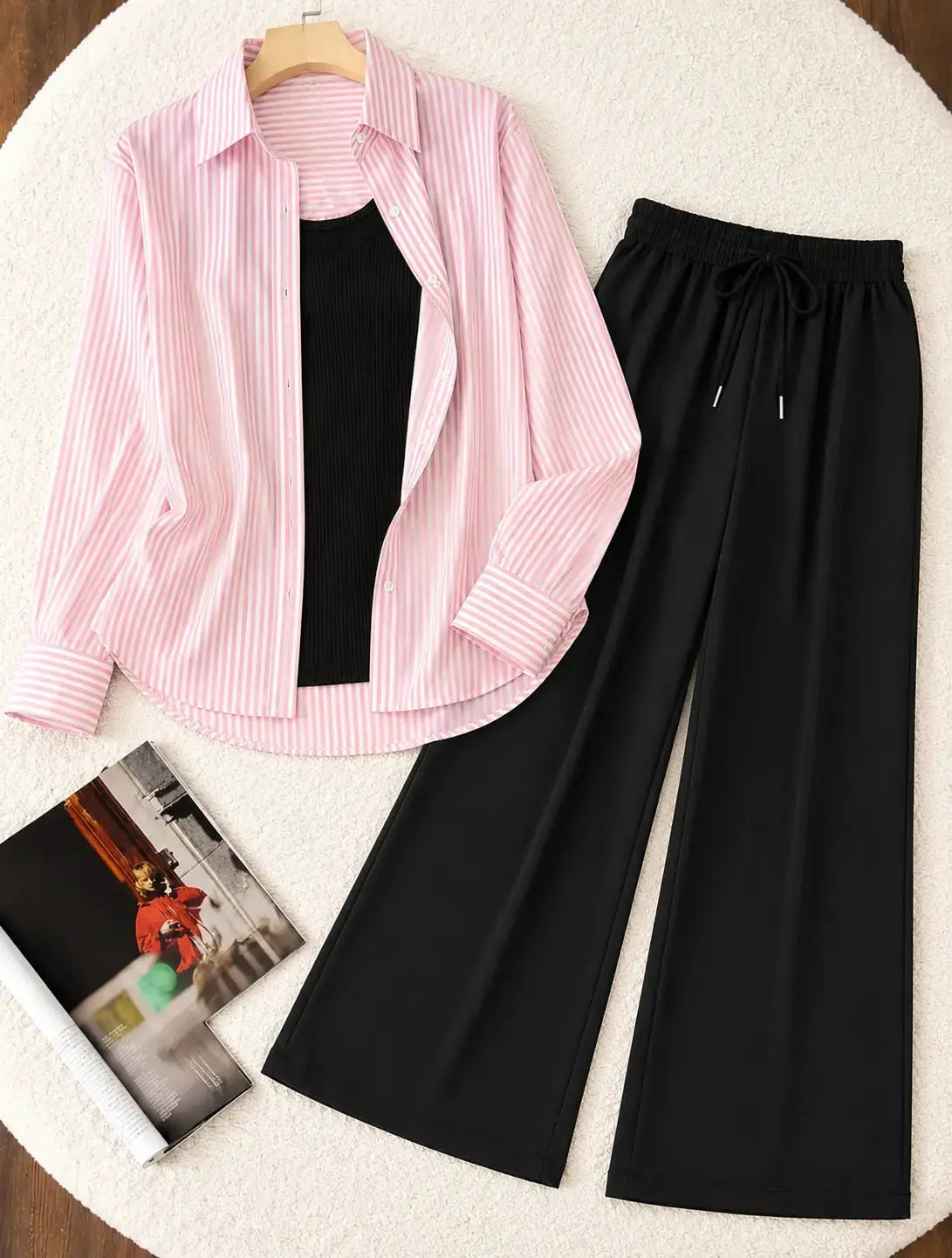 TRIO PACK ( WHITE AND PINK STRIPES BUTTON DOWN SHIRT WITH BLACK INNER AND BLACK FLAPPER TROUSER ) The Live Store