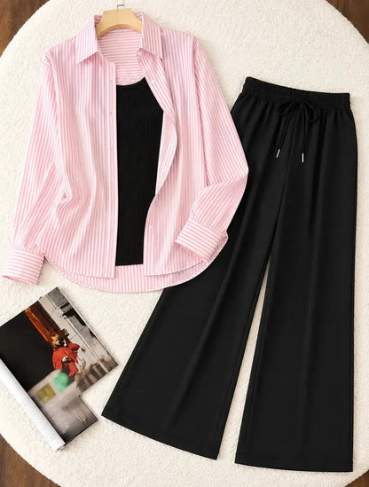 TRIO PACK ( WHITE AND PINK STRIPES BUTTON DOWN SHIRT WITH BLACK INNER AND BLACK FLAPPER TROUSER ) The Live Store