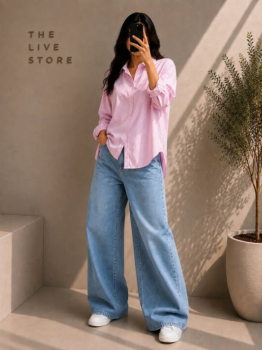 DUO PACK (PINK STRIPED BUTTON DOWN SHIRT & SKY BLUE WIDE LEG JEANS) The Live Store