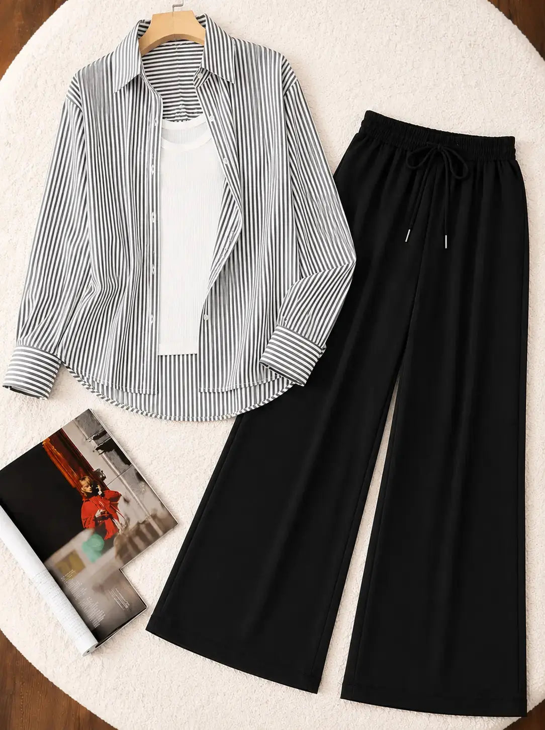 TRIO PACK ( WHITE AND BLACK STRIPES BUTTON DOWN SHIRT WITH WHITE INNER AND BLACK FLAPPER TROUSER) The Live Store