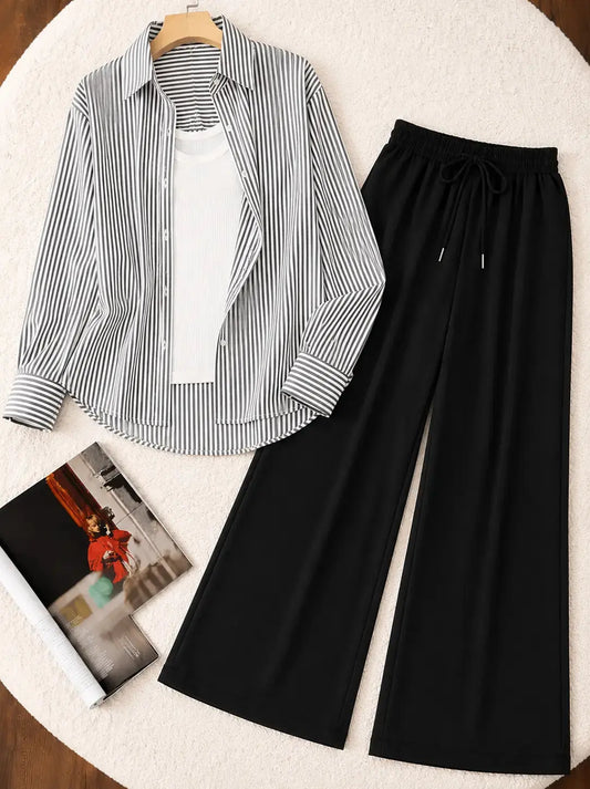 TRIO PACK ( WHITE AND BLACK STRIPES BUTTON DOWN SHIRT WITH WHITE INNER AND BLACK FLAPPER TROUSER) The Live Store