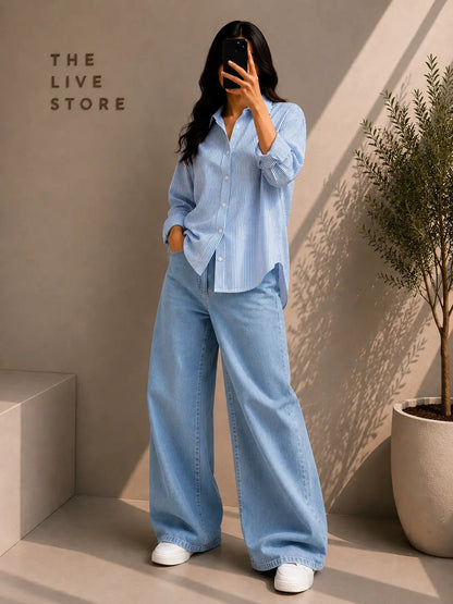 DUO PACK (BLUE STRIPED BUTTON DOWN SHIRT & SKY BLUE WIDE LEG JEANS)