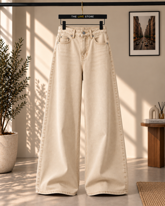 BEIGE WIDE LEG BAGGY JEANS