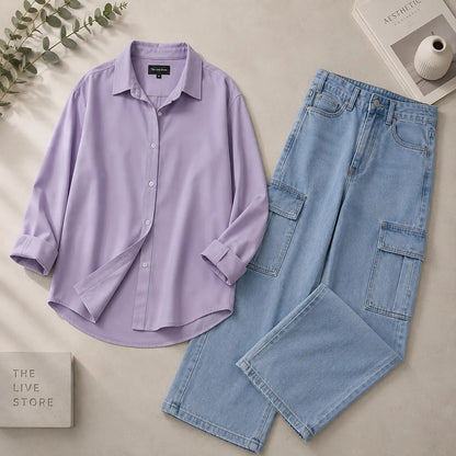 DUO PACK (LILAC BUTTON DOWN SHIRT & SKY BLUE CARGO DENIM JEANS) The Live Store