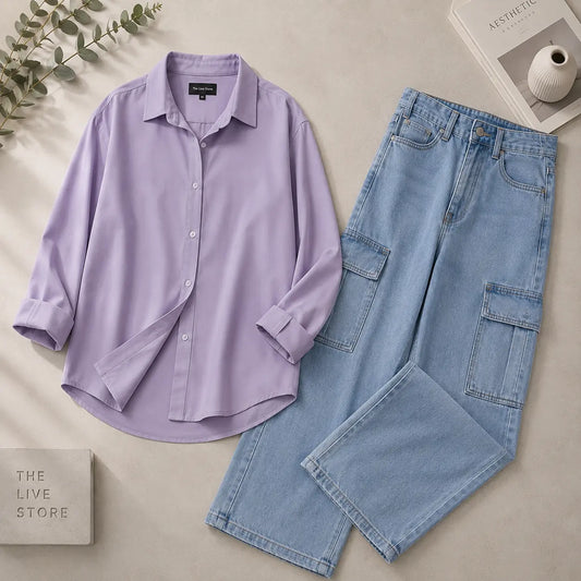 DUO PACK (LILAC BUTTON DOWN SHIRT & SKY BLUE CARGO DENIM JEANS) The Live Store
