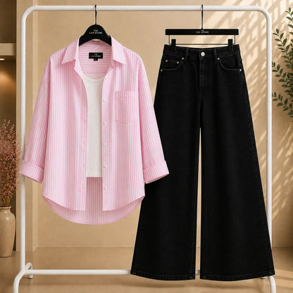 TRIO PACK (PINK STRIPED BUTTON DOWN SHIRT, WHITE INNER TANK TOP & BLACK WIDE LEG JEANS) The Live Store