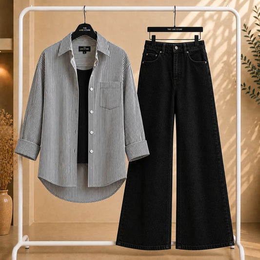 TRIO PACK (STRIPED BLACK BUTTON DOWN SHIRT, BLACK INNER TANK TOP & BLACK WIDE LEG JEANS The Live Store